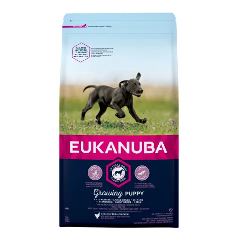 Eukanuba Puppy Large Breed - Пълноценна суха храна за подрастващи кучета от големи и едри породи, с пилешко и пуешко месо, 15 кг.