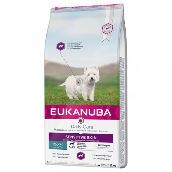 Eukanuba Daily Care Adult Sensitive Skin - Пълноценна суха храна за израснали кучета с чувствителна кожа, непоносимост към пилешко месо, 12 кг.