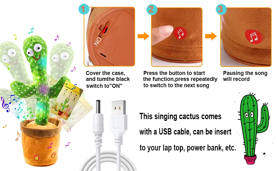 Танцуващ кактус с USB зареждане, пее, свети, записва и говори 8
