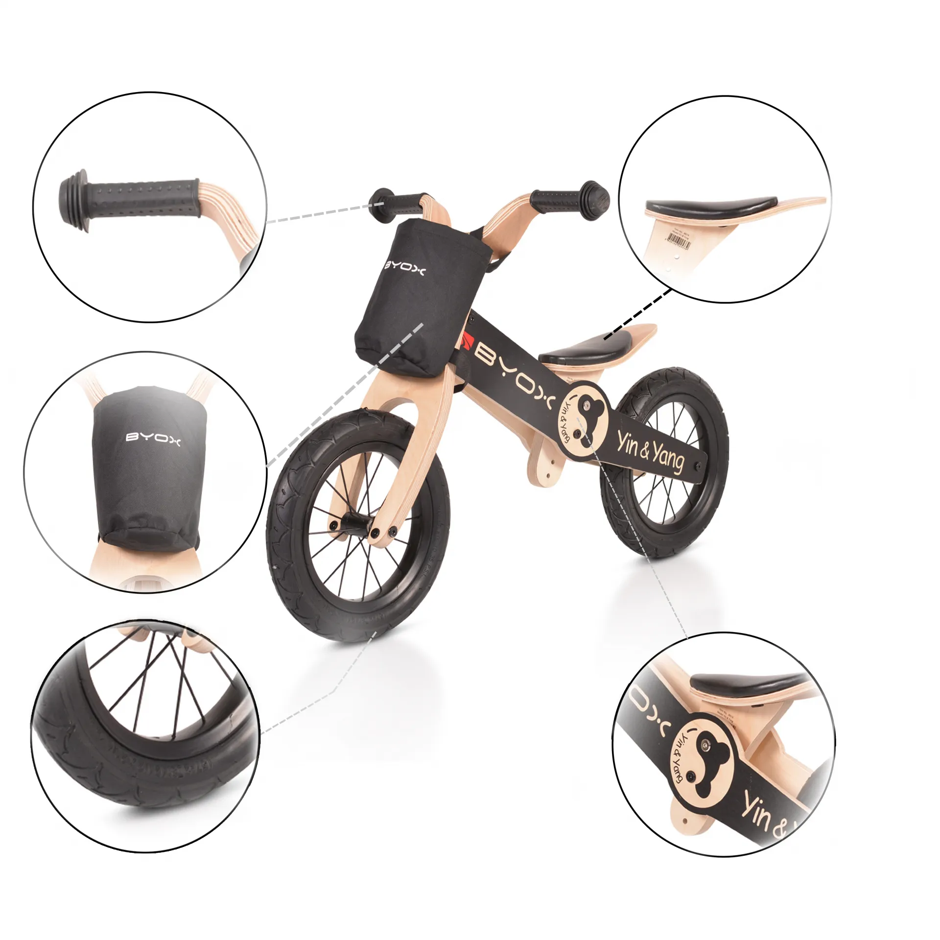 Дървен балансиращ велосипед BYOX до 30кг, регулиране на седалката, YIN & YANG ЧЕРЕН 2