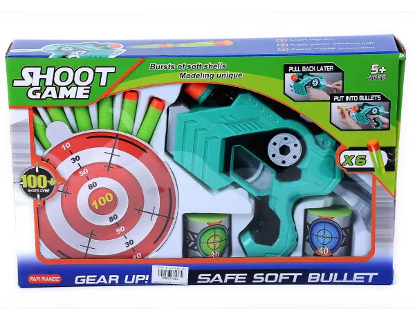 Пистолет с меки стрели и мишена + 2 кенчета SHOOT GAME