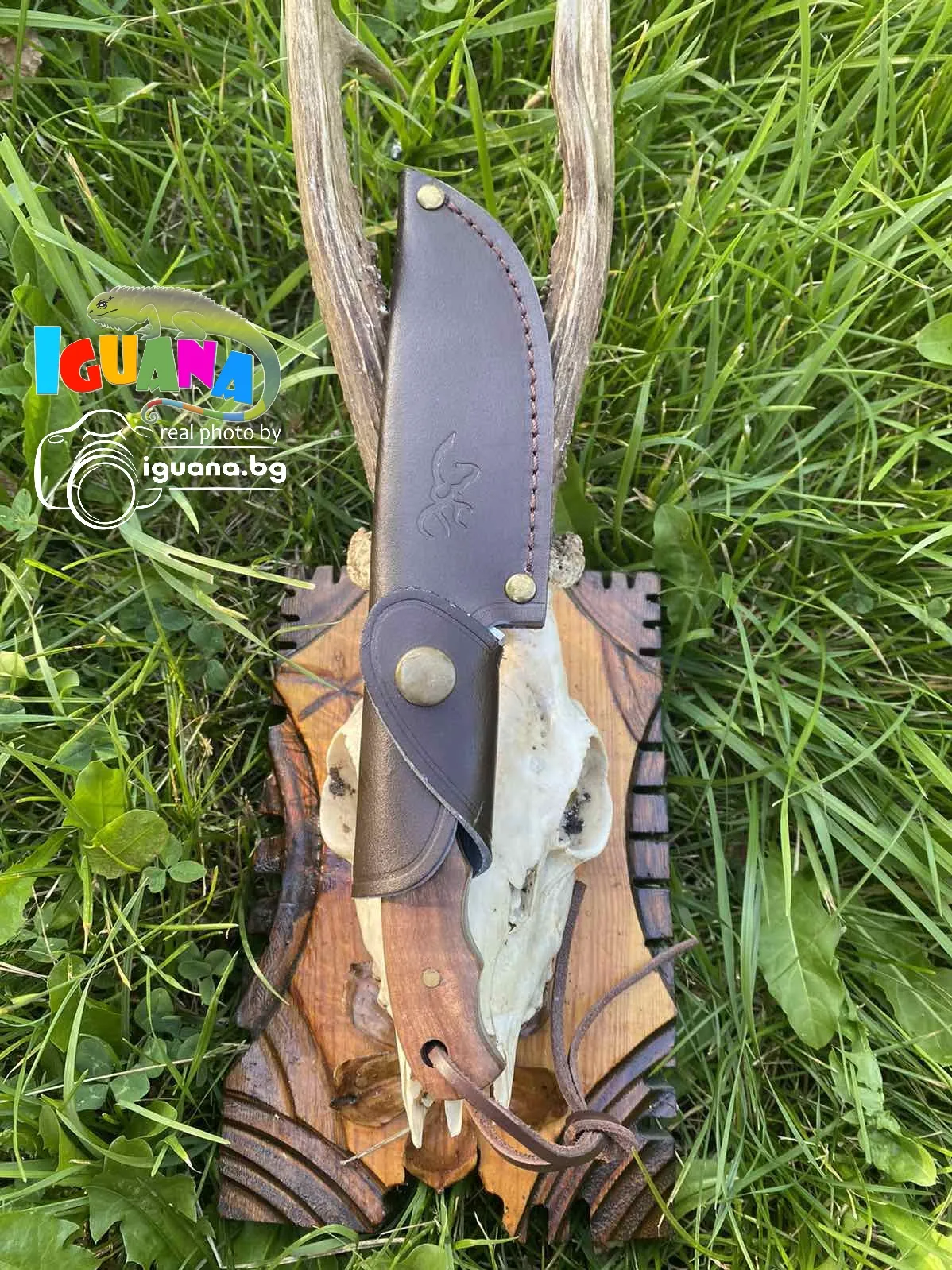 Ловен нож BROWNING с дървена дръжка + калъф естествена кожа, ножове за лов, къмпинг, риболов, MADE in SPAIN 3