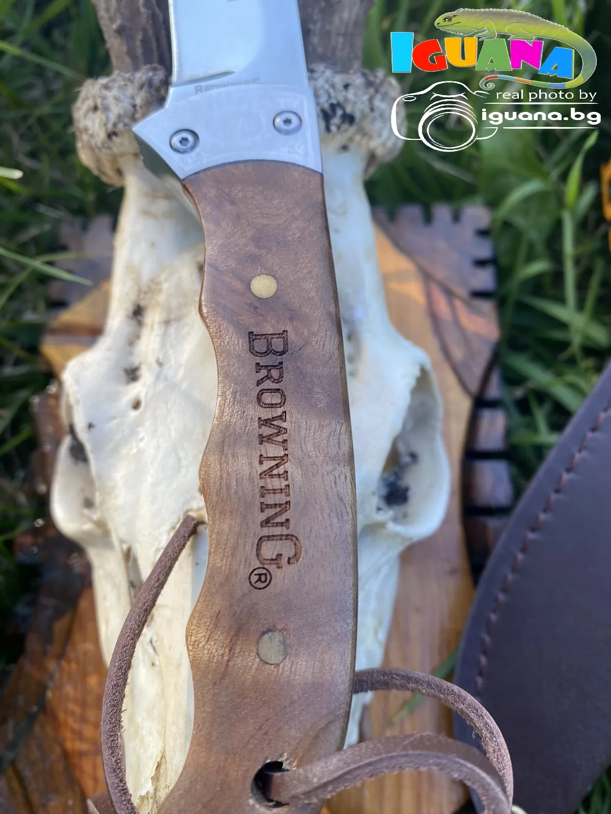Ловен нож BROWNING с дървена дръжка + калъф естествена кожа, ножове за лов, къмпинг, риболов, MADE in SPAIN 5