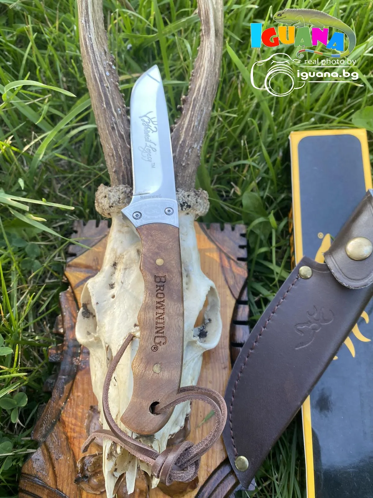 Ловен нож BROWNING с дървена дръжка + калъф естествена кожа, ножове за лов, къмпинг, риболов, MADE in SPAIN 6