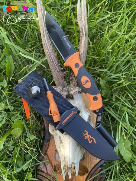 Ловен нож BROWNING 4в1 - калъф/свирка/точило/кремък за палене на огън, ножове за лов, къмпинг, риболов MADE in SPAIN 1