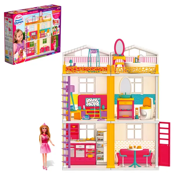 Комплект мечтаната къща на Линда с кукла и обзавеждане на 3 етажа,  60x50x16см, DEDE 1