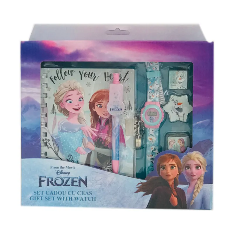 Подаръчен комплект FROZEN 6 части - дневник с катинарче, печат, гума, мастилница, химикал и часовник Замръзналото кралство 3