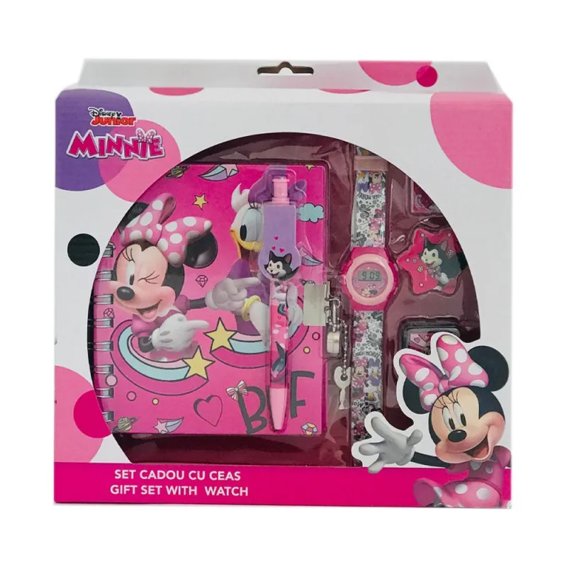 Подаръчен комплект Minnie Mouse 6 части - дневник с катинарче, печат, гума, мастилница, химикал и часовник Мини Маус 6