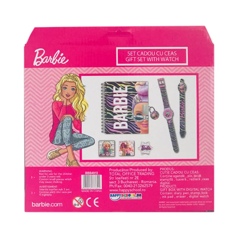 Подаръчен комплект BARBIE 6 части - дневник с катинарче, печат, гума, мастилница, химикал и часовник Барби 3