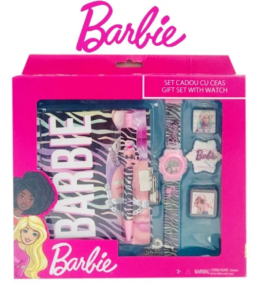 Подаръчен комплект BARBIE 6 части - дневник с катинарче, печат, гума, мастилница, химикал и часовник Барби 1