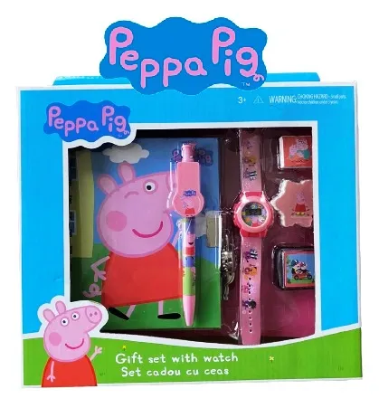 Подаръчен комплект PEPPA PIG 6 части - дневник с катинарче, печат, гума, мастилница, химикал и часовник Пепа Пиг 1