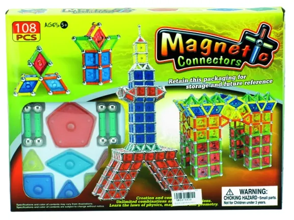 Комплект Магнитен конструктор 108 части с разноцветни пръчици, метални топчета и геометрични фигури