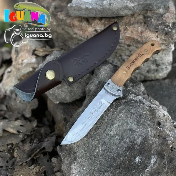 Ловен нож BROWNING с дървена дръжка + калъф естествена кожа, ножове за лов, къмпинг, риболов, MADE in SPAIN 1