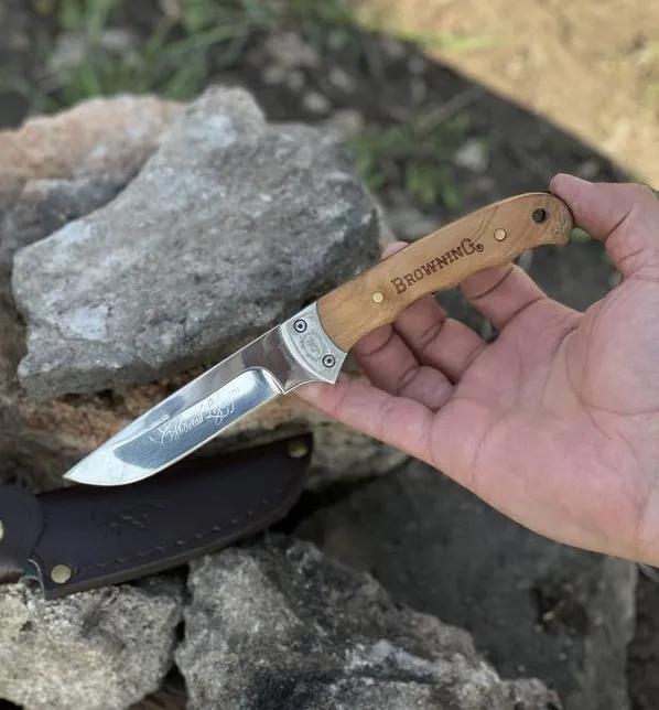 Ловен нож BROWNING с дървена дръжка + калъф естествена кожа, ножове за лов, къмпинг, риболов, MADE in SPAIN 9