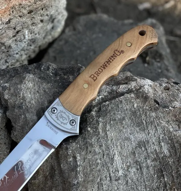Ловен нож BROWNING с дървена дръжка + калъф естествена кожа, ножове за лов, къмпинг, риболов, MADE in SPAIN 10