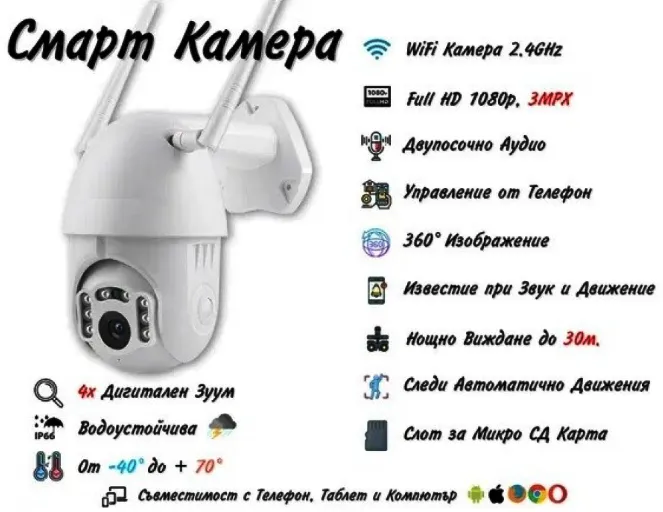 СМАРТ WiFi камера, цветно нощно виждане, водосустойчива, FULL HD 1080P + АУДИО  16