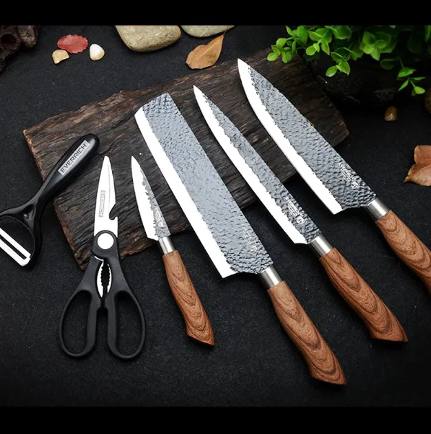 6в1 Комплект ножове от неръждаема стомана Everrich, незалепващо покритие, 6 части, ръкохватка тъмно дърво 2