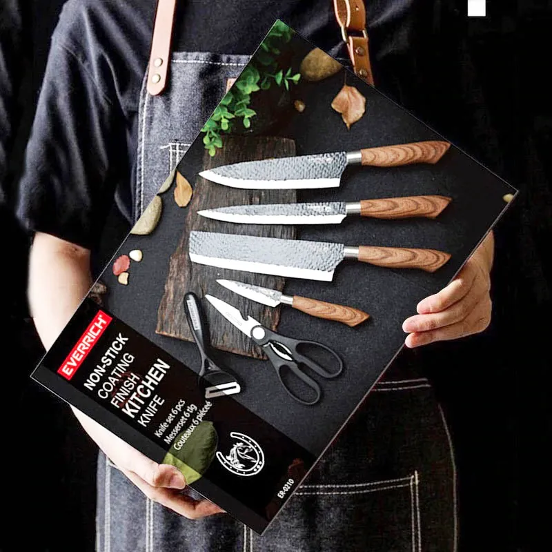 6в1 Комплект ножове от неръждаема стомана Everrich, незалепващо покритие, 6 части, ръкохватка тъмно дърво 3