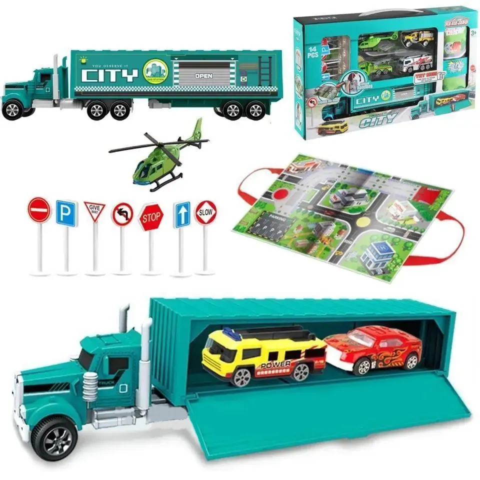 Детски Комплект Камион Автовоз,  3 метални колички , 7 пътни знака,  хеликоптер и килимче SIX SIX ZERO CITY 2