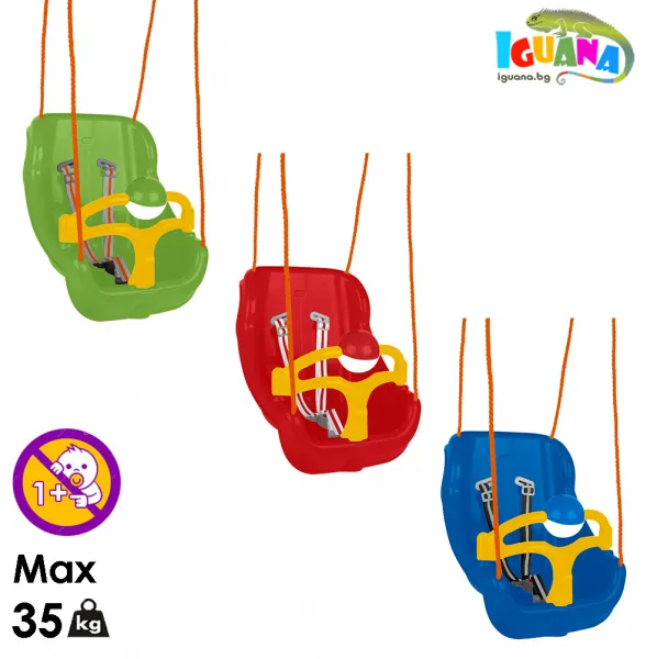Голяма Детска люлка с въжета, 3 цвята, предпазител и колани, до 35кг | Iguana.bg 1
