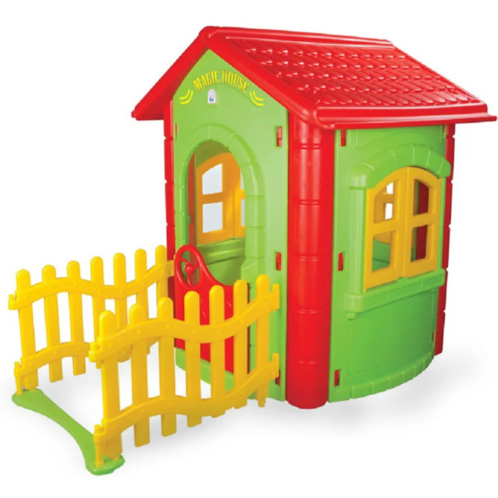 Детска магическа къща с ограда и двор, Зелена с червен покрив, Отварящи се врата и прозорци | Iguana.bg 2