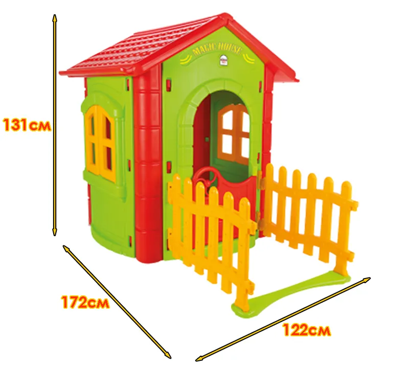 Детска магическа къща с ограда и двор, Зелена с червен покрив, Отварящи се врата и прозорци | Iguana.bg 4