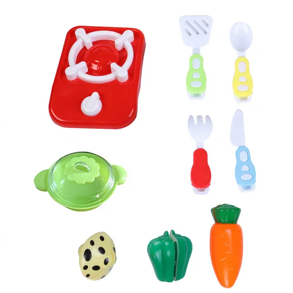Детски кухненски комплект, 3 зеленчука за рязане, ножче, вилица, шпатула, тенджера и котлон 1