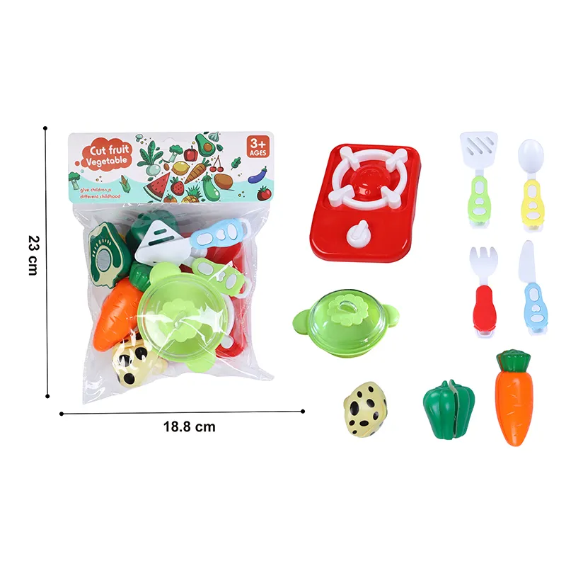 Детски кухненски комплект, 3 зеленчука за рязане, ножче, вилица, шпатула, тенджера и котлон 3