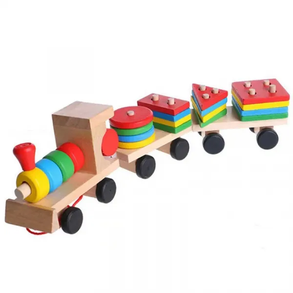 Детско дървено влакче, локомотив, два вагона и цветни геометрични фигури с отвори 1