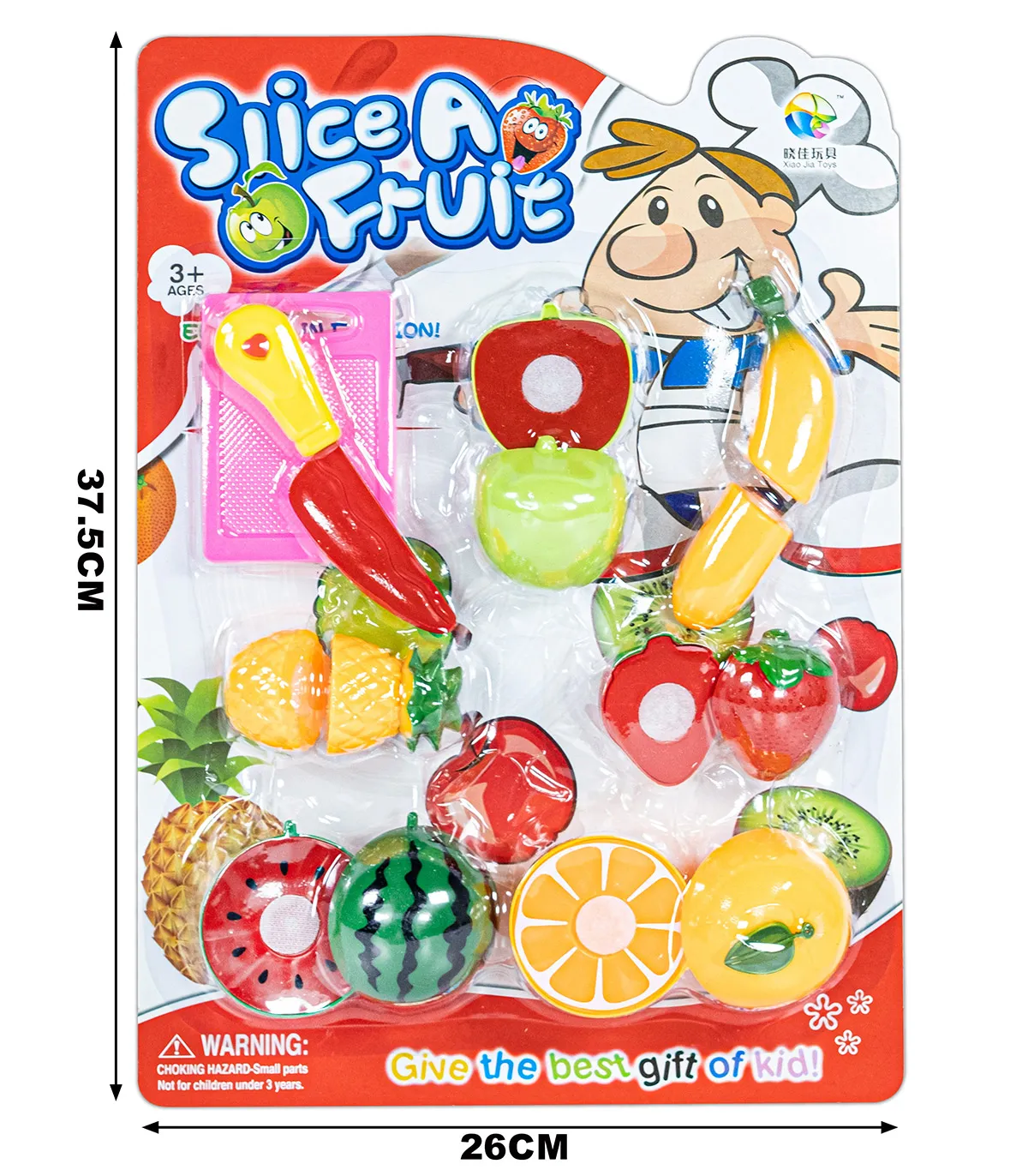 Детски комплект плодове за рязане, ножче, дъска, ябълка, банан, ананас, ягода, диня и портокал