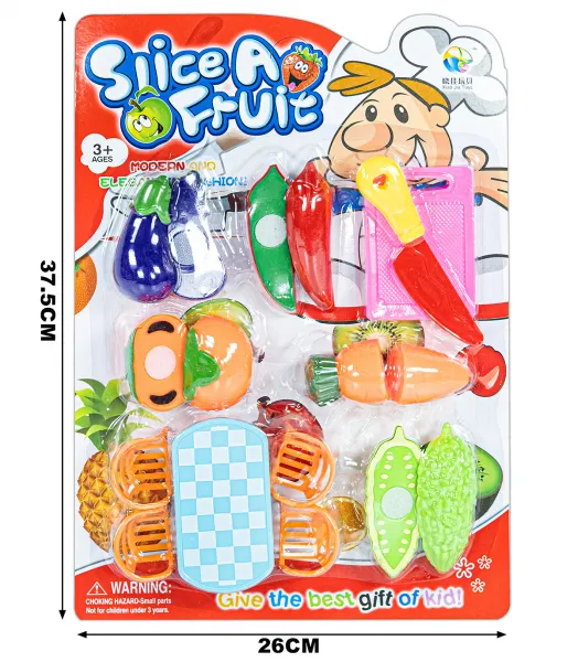 Детски кухненски комплект, 5 зеленчука, ножче, дъска и малка кукленска масичка с 4 стола