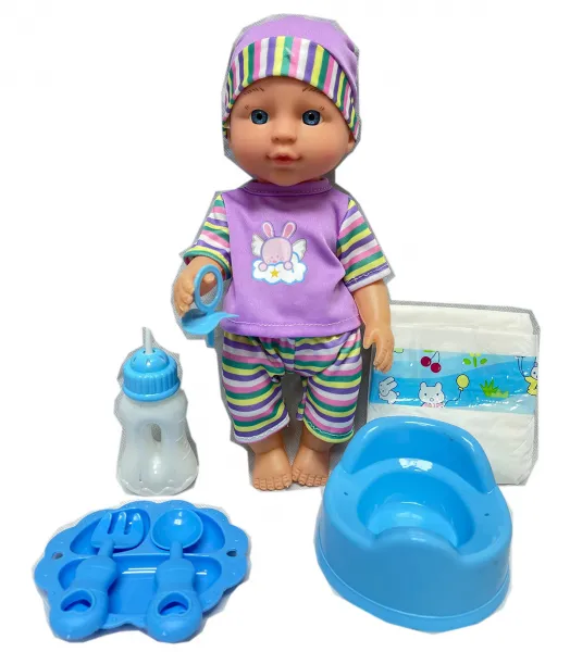 Детски комплект Пишкащо бебе, биберон, чинийка с прибори за хранене, шише, гърне и памперс, 27см