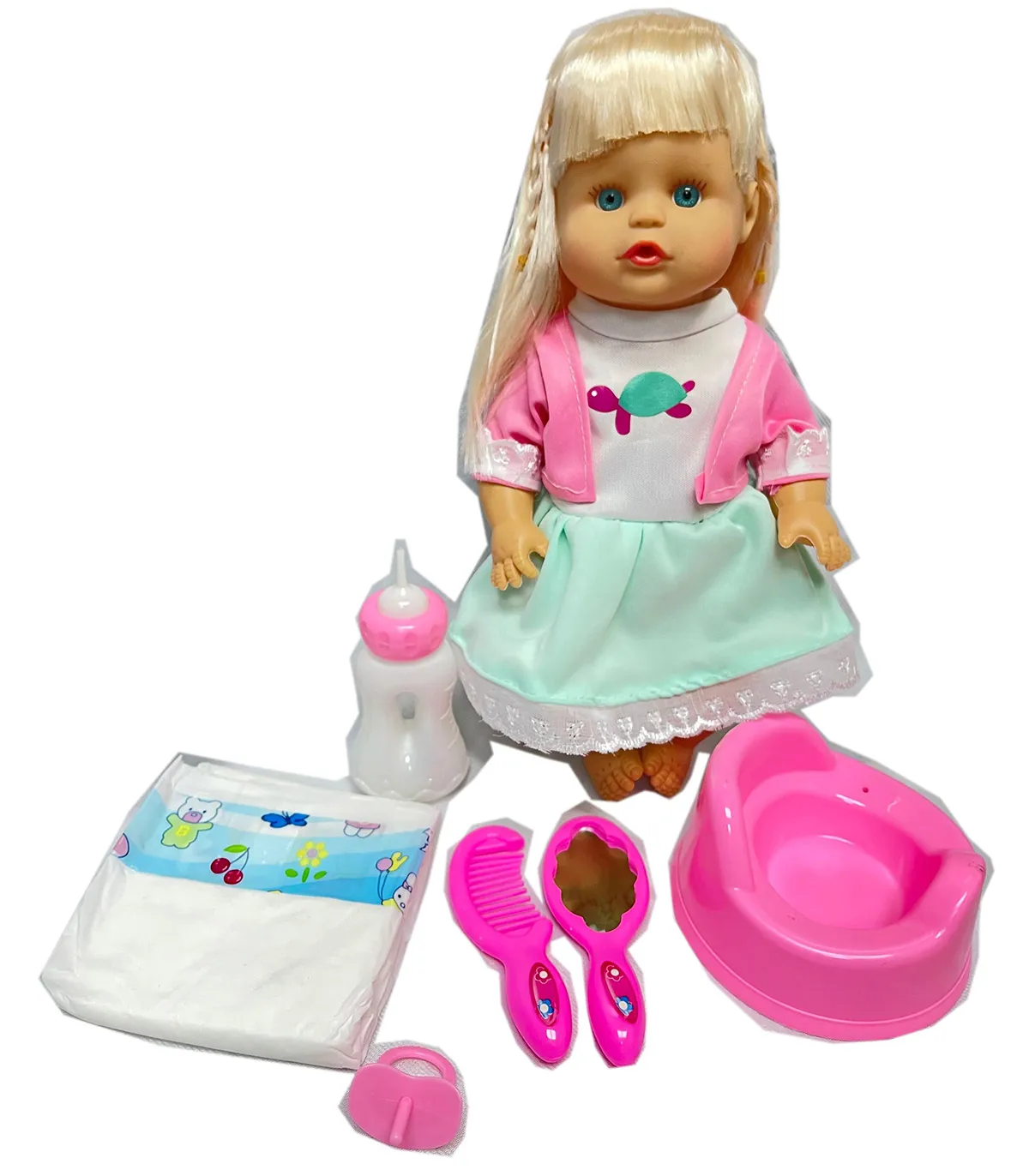 Детски комплект Пишкаща кукла, биберон, шише, гребен, огледало, памперс и гърне, 29см