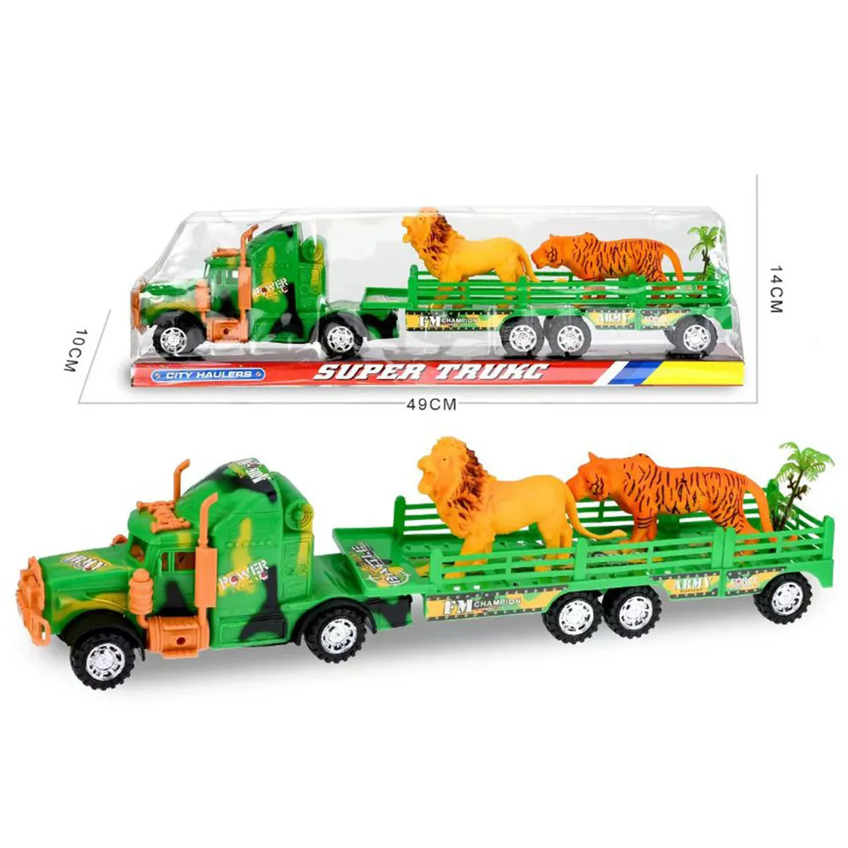 Детски камион с ремарке превозващ лъв и тигър,  инерционен механизъм