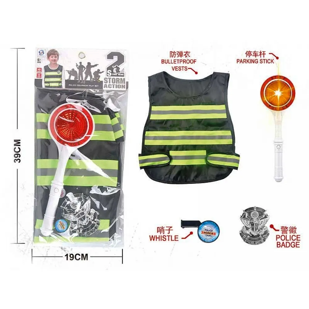 Детски полицейски комплект светеща палка, значка, жилетка и свирка POLICE 3