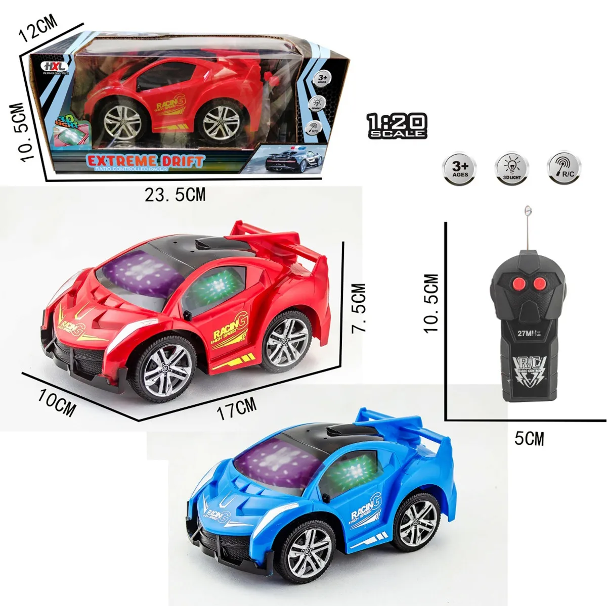 Спортна кола с дистанционно управление и 3D светлини, два цвята 2