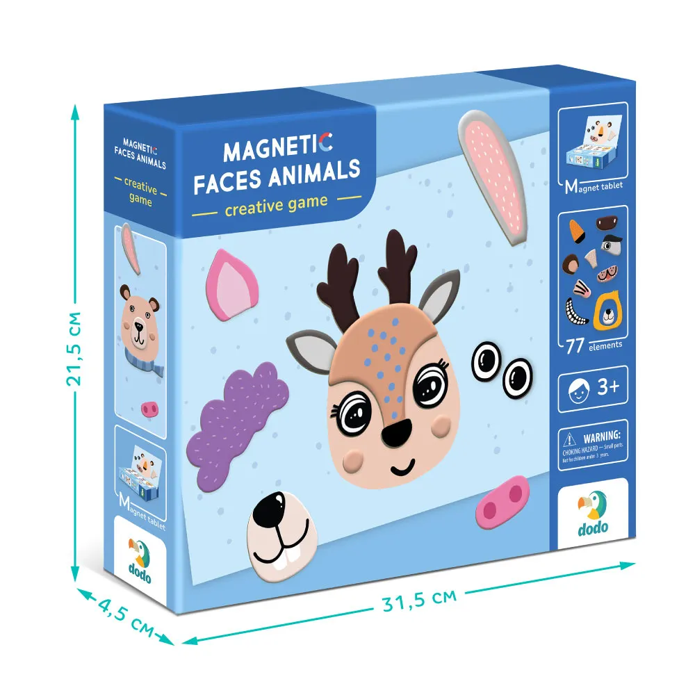 Магнитна игра Лица на Животни, 77 елемента, настолна образователна игра с магнитна дъска, DODO 6