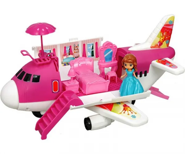 Детски розов самолет с обзавеждане и миникукла, отварящ се 1