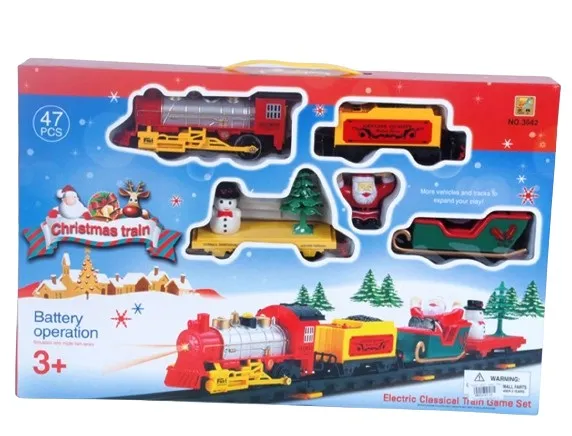 Kоледен влак локомотив с 3 вагона и релси, 47 части