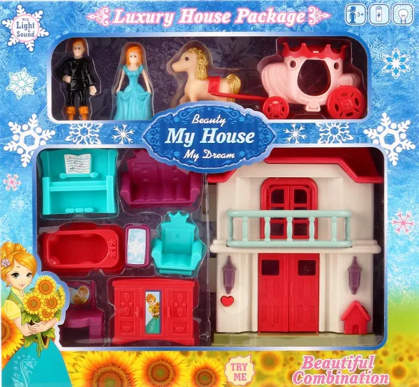 Замък със звук и светлина, куклена къща с принц, принцеса и кон с каляска