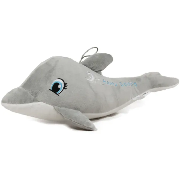 Делфин с бродерия „Happy dolphin“, сив, 38см със звук