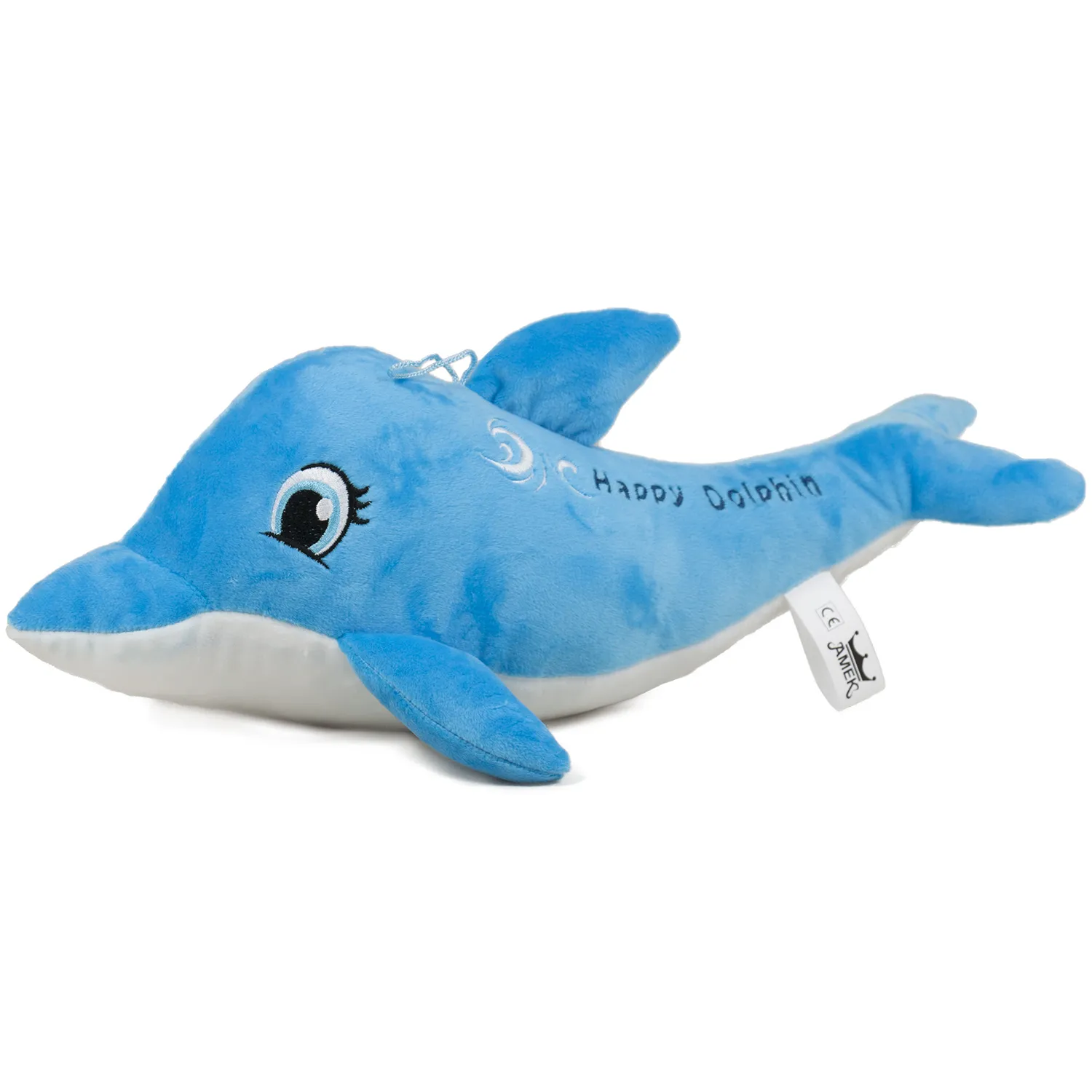 Делфин с бродерия „Happy dolphin“, син, 38см, със звук