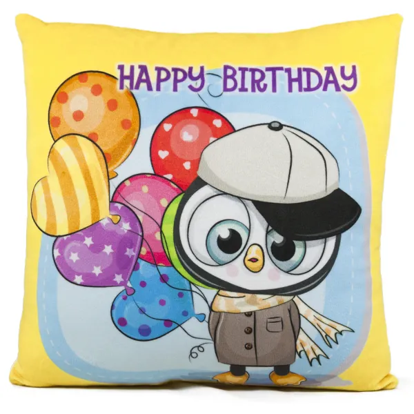 Възглавница Happy Birthday с пингвин и балони, 34х34 см