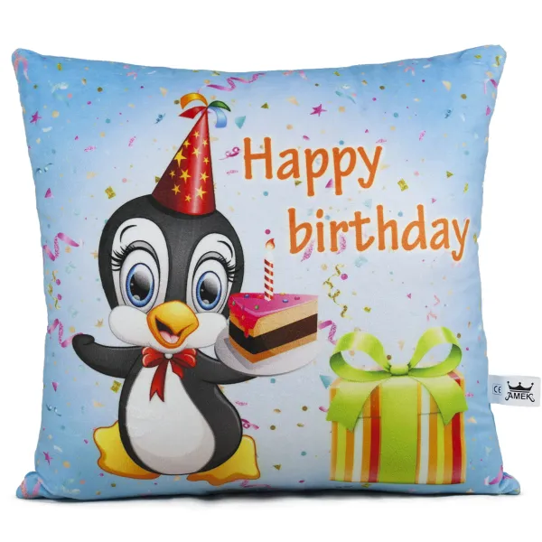 Възглавница /Happy Birthday/ с пингвин и торта, 34х34 см