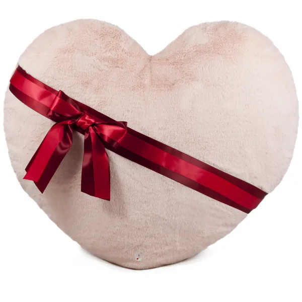 Розово плюшено сърце с червена панделка, 60х44 см