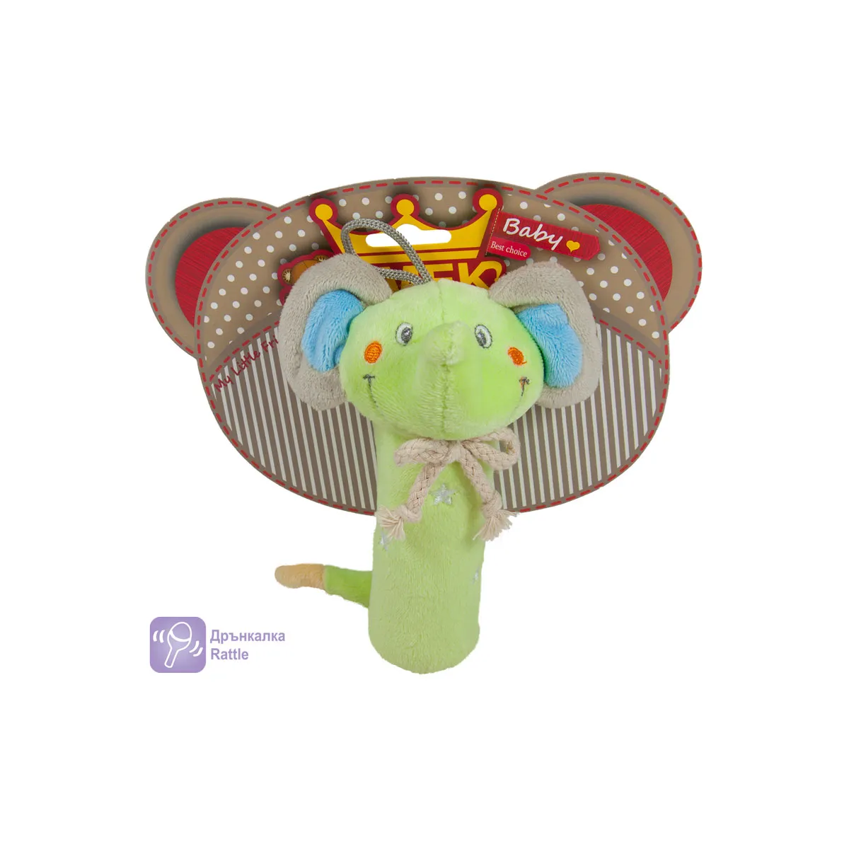 Бебешка плюшена дрънкалка с животни Зелено слонче, 17см