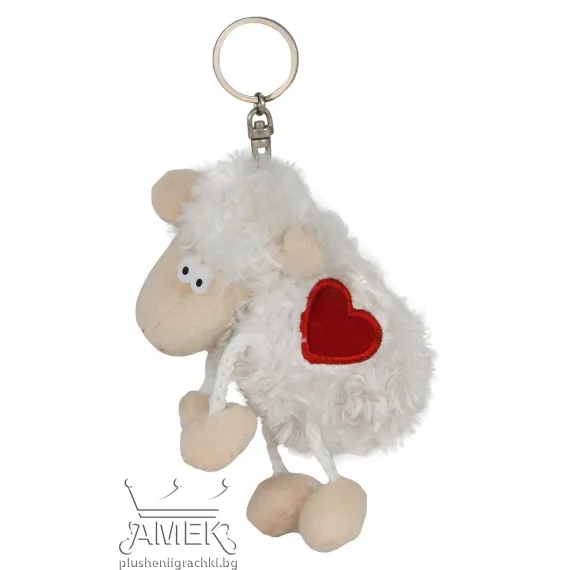 Плюшен ключодържател овца с избродирано сърце Бял 10 см 