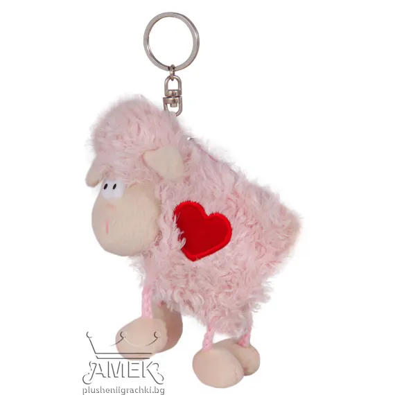 Плюшен ключодържател овца с избродирано сърце Розов 10 см