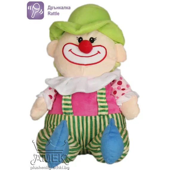 Цветен бебешки клоун Със зелена шапка, 32см със звук