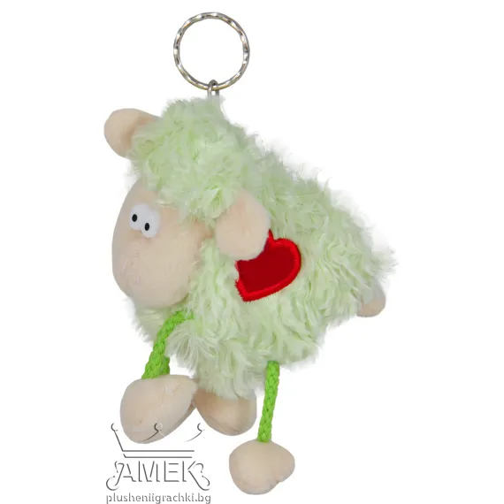 Плюшен ключодържател овца с избродирано сърце Зелен 10 см